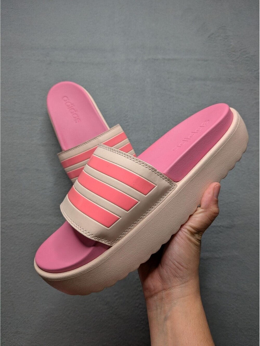 Adidas Sandals Mens Size 9 Pink Adilette Platform Slide Cushioned HP9409